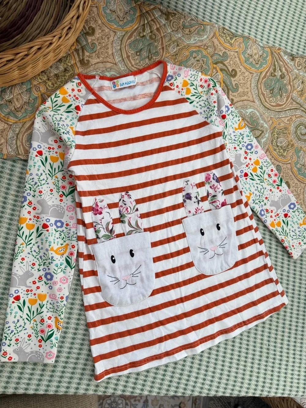 Sun Moon Kids Boutique Toddler Girl Mixed Media Long Sleeve Dress Bunnies Floral